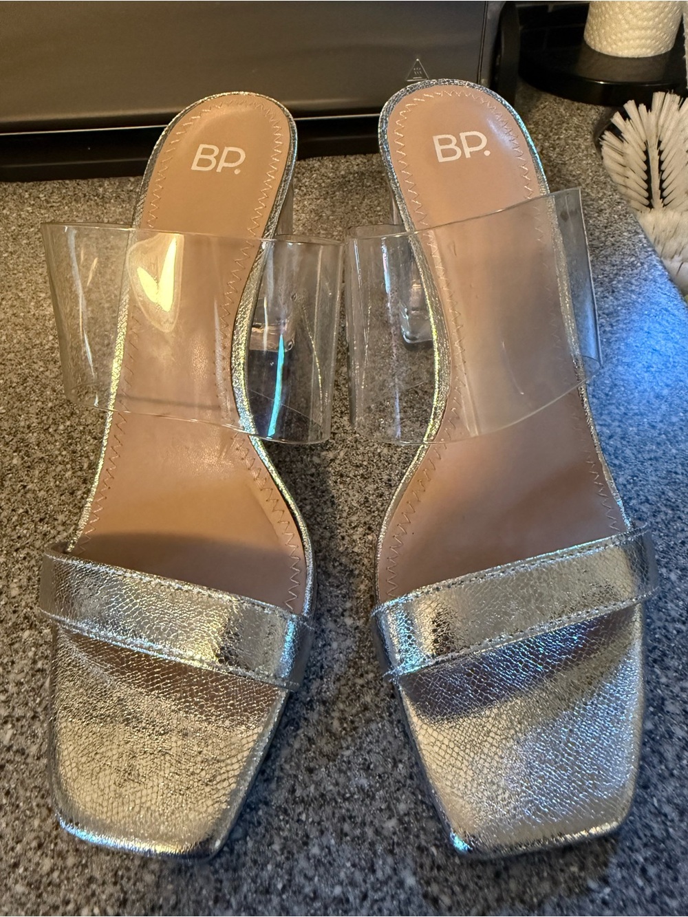 bp Silver Metallic Slide Mules with Clear Strap